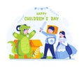 Happy Children\'s Day. Cute boy and girl playing fairy tale characters. knight, princess, and fictional dragon monster