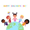 Happy children`s day. Children. Friendship. Globe. Childhood. Children`s rights holiday. Vector illustration