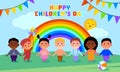 Happy children`s day. Children. Friendship. Rainbow, blue sky, green grass, flags, sun, ball, toy. Childhood. Children`s rights