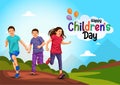 happy children\'s day group of kids running nature background. abstract vector illustration design