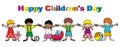 Happy Children`s Day, group of little kids with toys, vector illustration