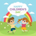 Happy children`s day illustration with children play in the park with rainbow vector