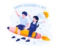 Happy Children\'s Day. Kids riding a pencil rocket in the sky. Cute boy and girl riding a flying pencil together Royalty Free Stock Photo