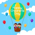 Happy Children`s Day Poster Background vector design template. boy and girl in the air balloon flat illustration with colorful