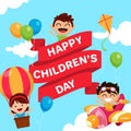 Happy Children`s Day Poster Background vector design template. ribbon with a boy drive a plane and girl in the air balloon on the