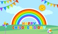 Happy children`s day. Rainbow, blue sky, green grass, flags, sun, ball, toy. Childhood. Children`s rights holiday. Vector