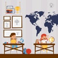 Happy children in school, vector illustration. Boy and girl cartoon characters, smiling kids studying in classroom