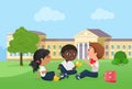 Happy children spend fun time together after school lessons, sitting on picnic on lawn