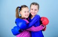 Happy children sportsman in boxing gloves. Sport success. Friendship. Fitness. energy health. workout of small girls Royalty Free Stock Photo