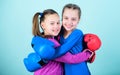 Happy children sportsman in boxing gloves. Sport success. Friendship. Fitness. energy health. workout of small girls Royalty Free Stock Photo