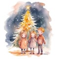 Happy children stand near the Christmas tree. Watercolor Christmas card in vintage style. Generative ai