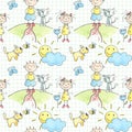 Happy children in summer. Funny little children play, run and jump. Color seamless pattern in children's doodle