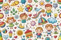 Happy children, toys, and playful elements seamless pattern Royalty Free Stock Photo