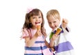 Happy children twins with ice cream isolated Royalty Free Stock Photo