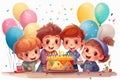 Happy children waiting for birthday boy blowing up burning candles on cake Royalty Free Stock Photo