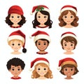 Happy Children Wearing Christmas Caps in Simple Flat Design AI Generated