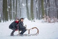 Happy children in a winter park, playing together with a sledge Royalty Free Stock Photo