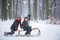 Happy children in a winter park, playing together with a sledge Royalty Free Stock Photo