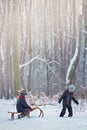 Happy children in a winter park, playing together with a sledge Royalty Free Stock Photo