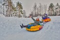 Happy children on a winter sleigh ride Royalty Free Stock Photo