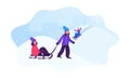 Happy Children Wintertime Activity. Little Kids Enjoying Sleds Riding in Winter Park with Snow Hills. Holidays Fun Royalty Free Stock Photo