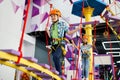 Happy children on zip line in entertainment center Royalty Free Stock Photo