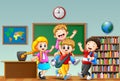 Happy childrens cartoon in a classroom