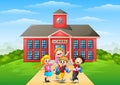 Happy childrens cartoon in front of school building Royalty Free Stock Photo