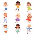 Happy childrens. Cute playing kids in action poses vector boys and girls