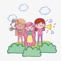 Happy childrens day, band musical kids with microphone and trumpets