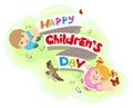 Happy Childrens Day. Boy and girl. Lettering text for greeting card