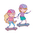 Happy childrens day, boy and girl riding skateboard in the park Royalty Free Stock Photo