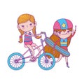 Happy childrens day, cute girl skateboard and bicycle in the park