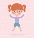 Happy childrens day, cute little girl wearing glasses hands up celebration