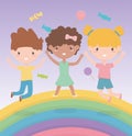 Happy childrens day, cute little girls and boy rainbow candies celebration
