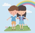 Happy childrens day enjoy girl and boy field rainbow Royalty Free Stock Photo