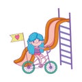 Happy childrens day, girl playing in slide and girl riding bike in the park Royalty Free Stock Photo