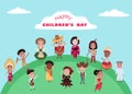 Happy Childrens Day with Kids Wearing National Costumes Of Different Countries Standing on Earth Globe Vector Royalty Free Stock Photo