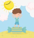 Happy childrens day, little boy in sweet candy cartoon outddors Royalty Free Stock Photo