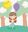 Happy childrens day, little girl with balloon celebration trees sun clouds grass cartoon