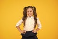 Happy childrens day. Positive vibes. School life concept. Celebrate knowledge day. Girl pupil on yellow background. Back