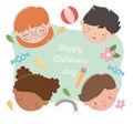 Happy childrens day smiling kids faces with pencil flowers ball rainbow Royalty Free Stock Photo