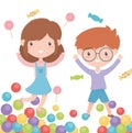 Happy childrens day, smiling little boy and girl candies and colorful balls