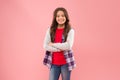 Happy childrens day. Smiling school girl. Kid long curly hair. Small girl wear checkered shirt. Happy child. Little girl Royalty Free Stock Photo