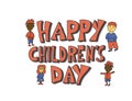 Happy childrens day text. Vector hand drawn emblem Royalty Free Stock Photo