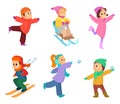 Happy childrens playing in winter games. Cartoon funny characters