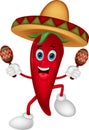 Happy chili pepper cartoon dancing with maracas