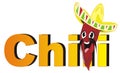 Happy chili pepper pancho and orange letters