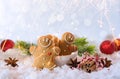 Happy chill out time,Group of smiling gingerbread men cookies celebrate Christmas and New Year Party with bengal lights. Royalty Free Stock Photo