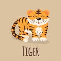 Happy Chines tiger, asian new year, wild animal in a flat style isolated on a beige background.